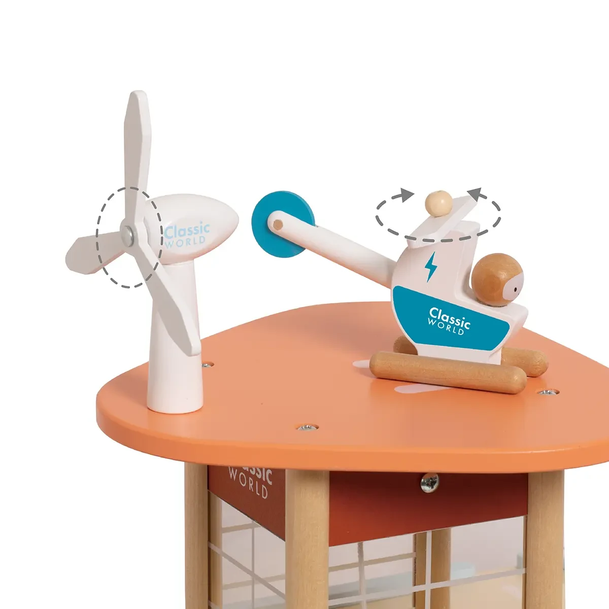 Parkhaus Holz mit Hubschrauber und Windrad